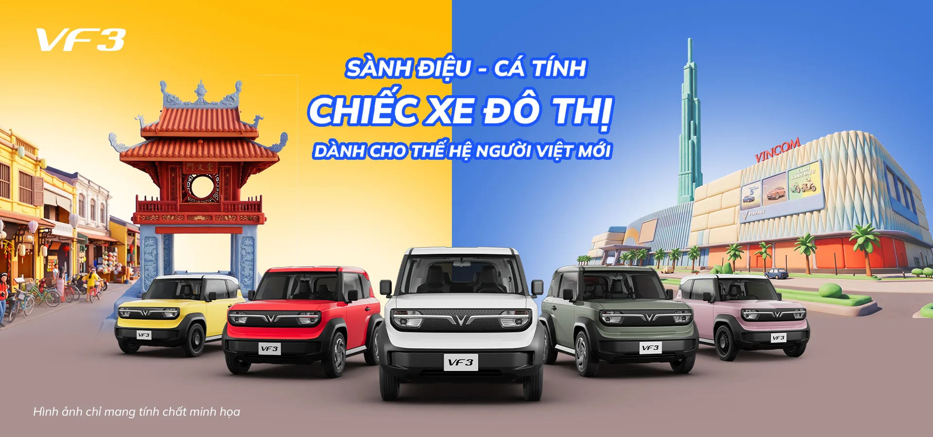 Dàn xe VinFast VF 3 nhiều màu sắc trước không gian đô thị Việt Nam